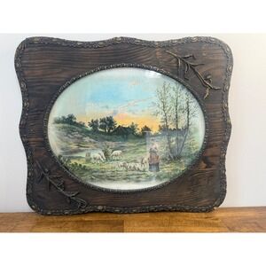 Early 20th Century Victorian Pastoral Shepherdess Print Ornate  Cottage Art Farm